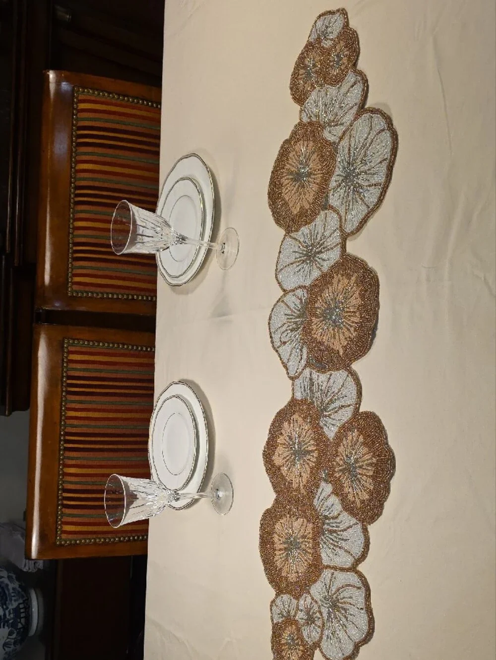 Beaded Floral Table Runner in Champagne and Ivory